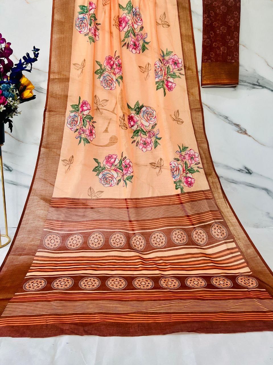 MG 378 Gold Jari Border With Weaving Linen Printed Sarees Wholesale Online
